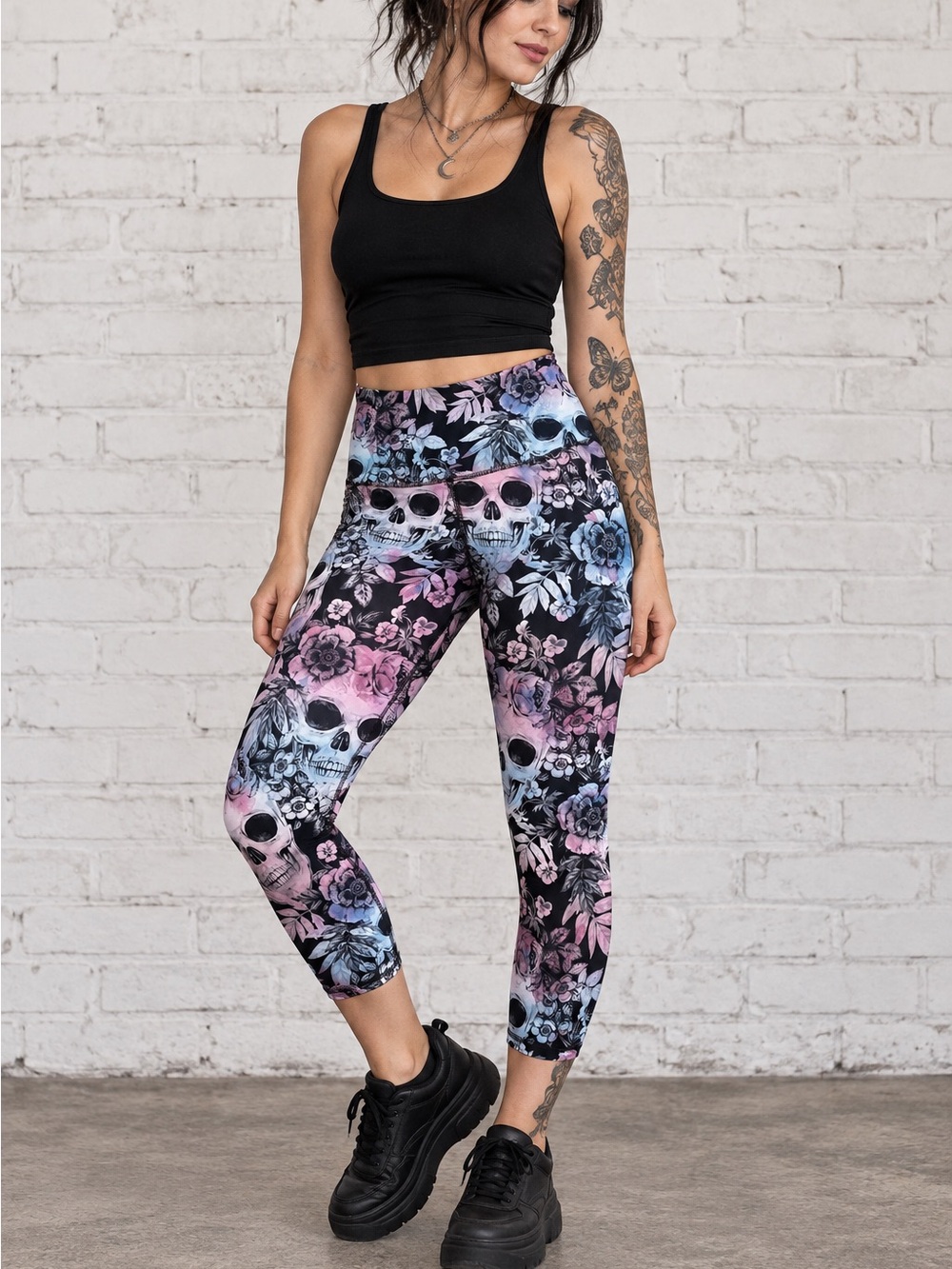 Evolution & Creation Skull Floral Leggings M Pink Black Gothic Yoga Cropped